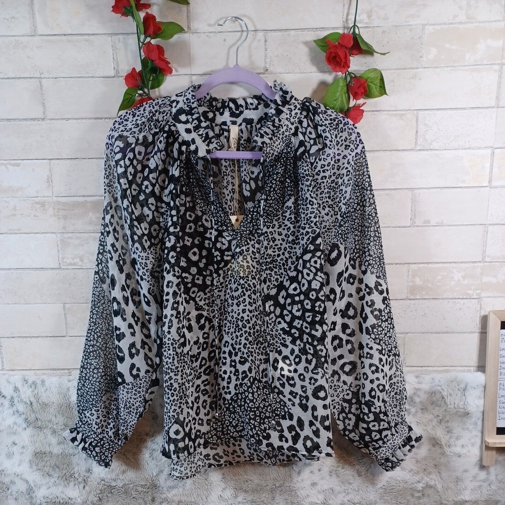 Elan Sheer Blouse Animal Print S Leopard Patchwork Hi Lo V Neck Tie